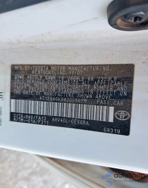 2008 Toyota Camry Hybrid from USA, damaged, VIN 4T1BB46K98U051659